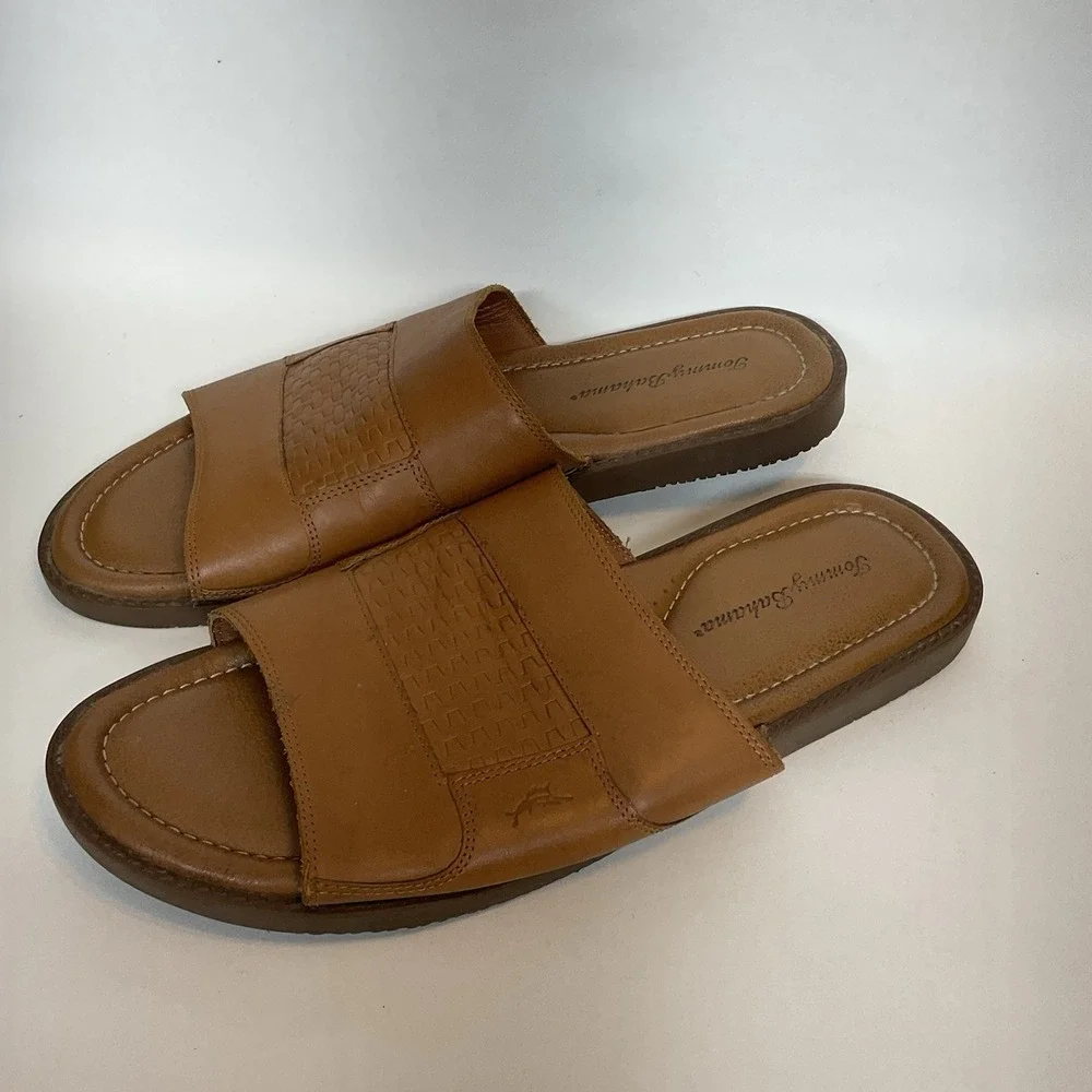 Tommy Bahama‎ Gennadi Palms Slide Sandals Men's Sz 11 Brown Textured Leather